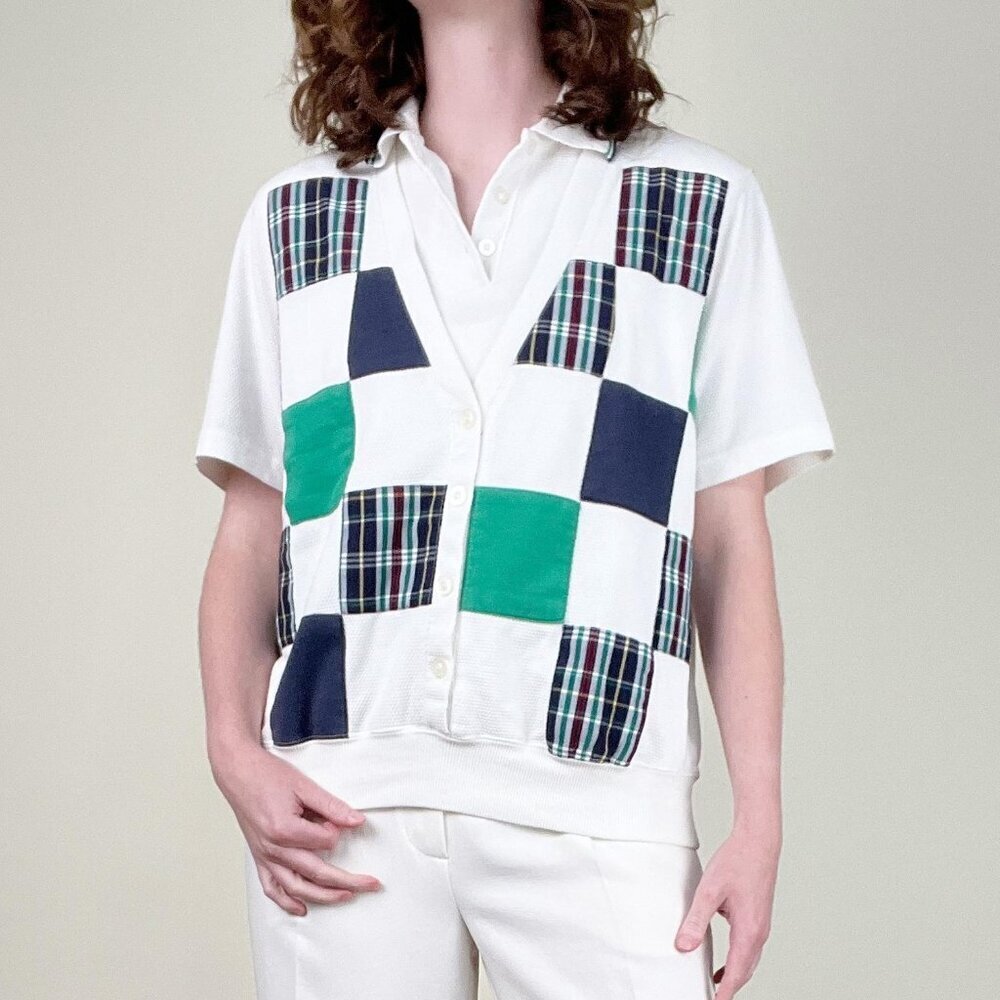 Vintage Preppy Plaid Check Golf Vest Blouse Shirt Polo Top Prep Sporty Old Money